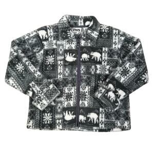 Polar Bear Snowflake Pattern Fleece Zip Jacket Winter Gray White Women’s Large